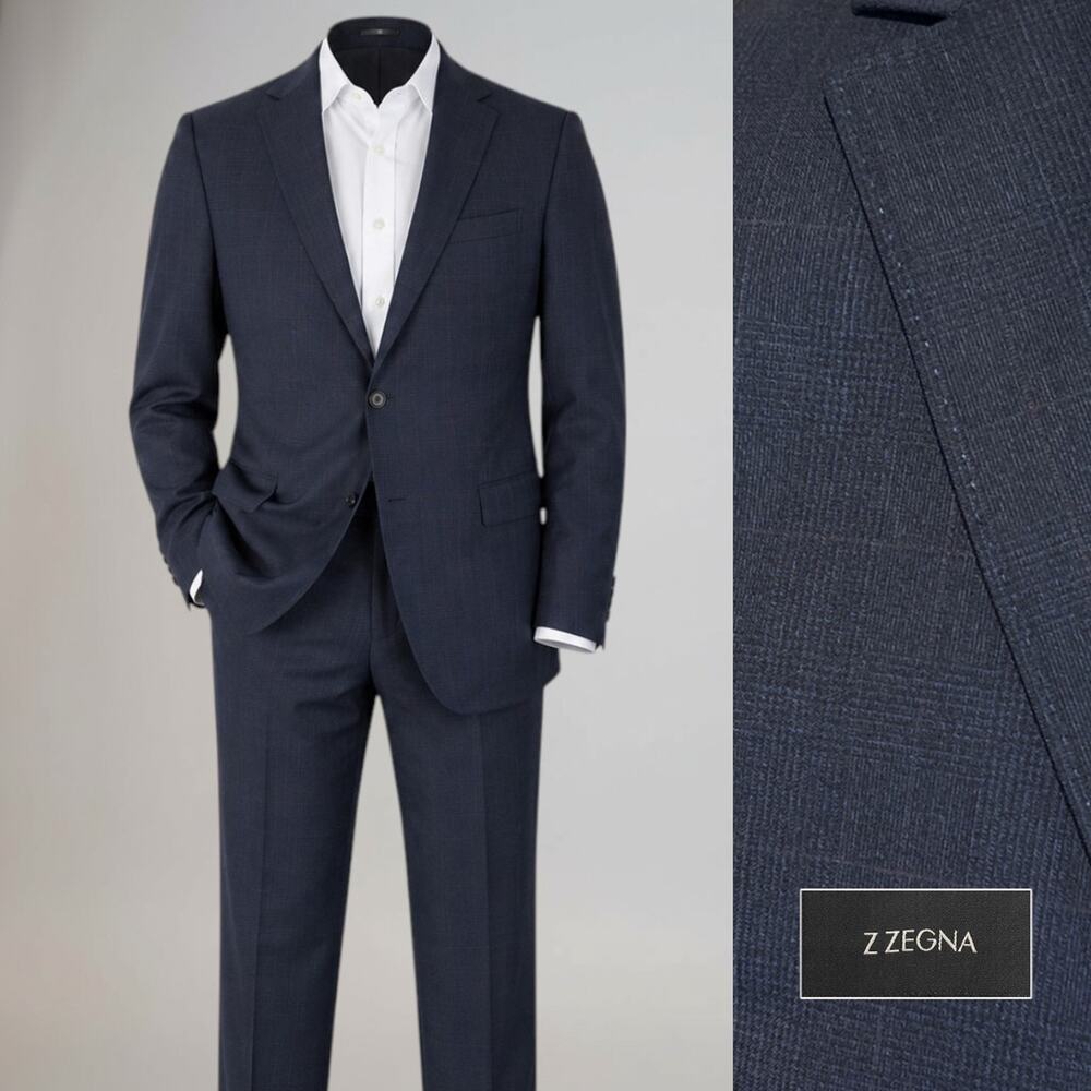 Z Zegna Suit 42-44R 36x32 Blue Subtle Burgundy Glen Plaid